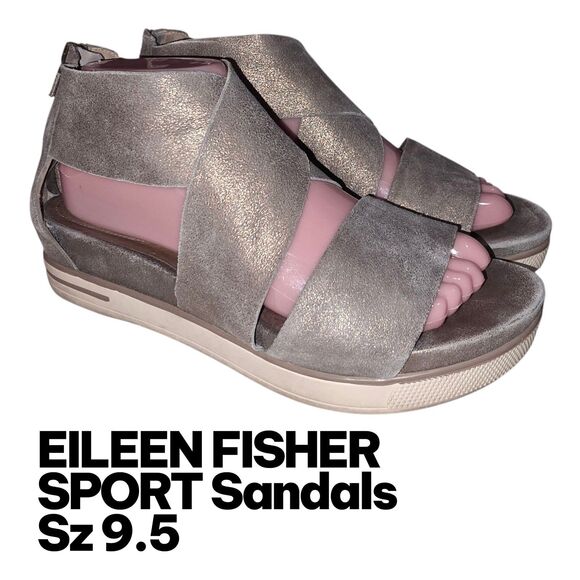 EILEEN FISHER Sport 9.5 Distressed Criss Cross Zip Heel Gold Platform Sandals - Picture 1 of 10